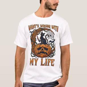 Camiseta Qué pasa vida Halloween gato negro calabaza cuchil