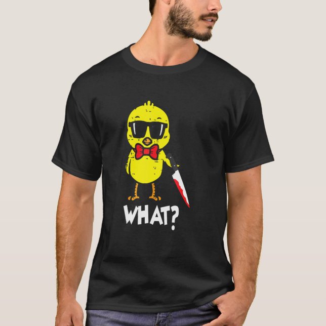 Camiseta Qué Pollo Amarillo Mortífero Que Sostiene Un Cuchi (Anverso)
