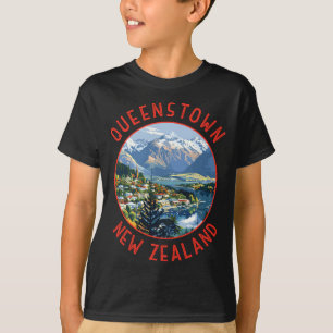 Camiseta Queenstown Nueva Zelanda Círculo Angustiado Retro