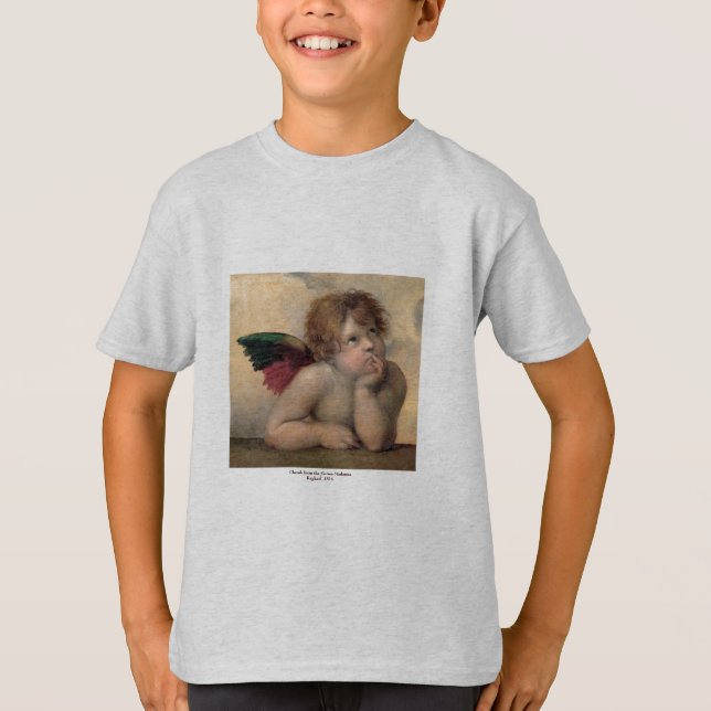 Camiseta Querube de Sistine Madonna por Raphael (Anverso)