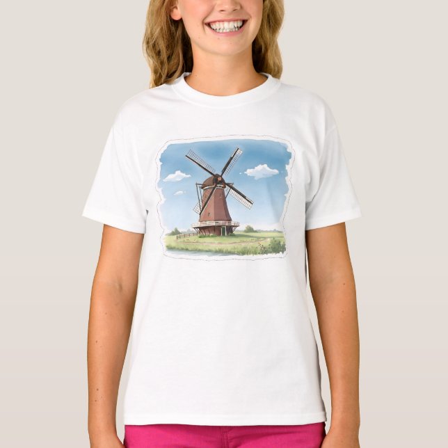Camiseta Quiet Windmill in the Fields – Soft Watercolor Lan (Anverso)