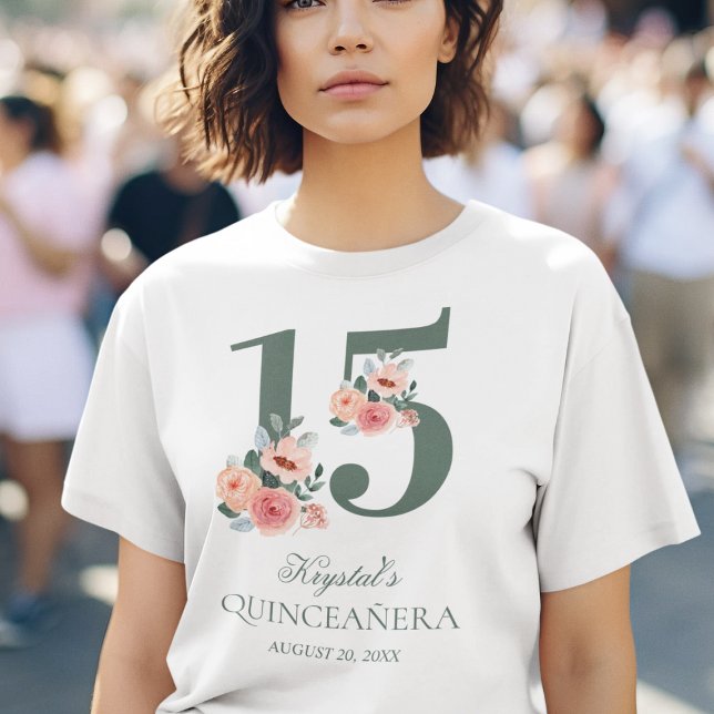 Camiseta Quinceanera 15ª fiesta de cumpleaños Floral rosa (Subido por el creador)