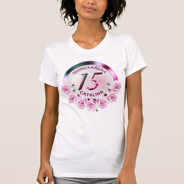 Camiseta Quinceanera 15 Cumpleaños Faux Metálico Floral (Anverso)