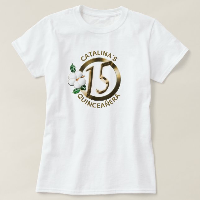 Camiseta Quinceanera 15 Cumpleaños Faux Metálico Floral (Diseño del anverso)