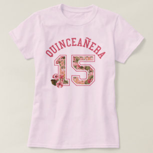 Camiseta Quinceanera 15 florales rosados atléticos