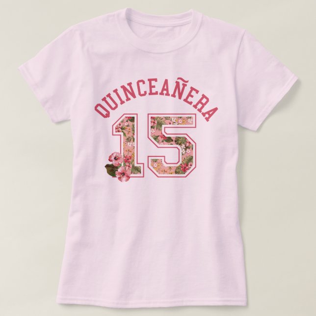 Camiseta Quinceanera 15 florales rosados atléticos (Diseño del anverso)
