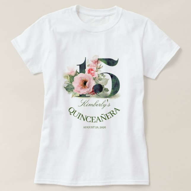 Camiseta Quinceanera 15th Birthday Party Floral (Diseño del anverso)