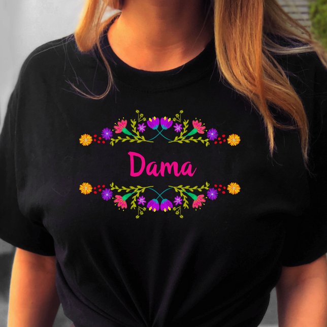 Camiseta Quinceanera Dama Fiesta Mexicana Cumpleaños Negro (Quinceanera tee for your Dama from my Mexican Fiesta Floral collection)