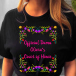 Camiseta Quinceanera Dama Fiesta Mexicana Floral Negro<br><div class="desc">Camiseta personalizada de Quinceanera Negra para tu(s) Dama(s). La redacción de la parte delantera es completamente editable y también se puede añadir el nombre del dama en la parte posterior, si se desea. La tipografía rosa brillante está enmarcada con un colorido diseño floral de flores de fiesta mexicana. Perfecto para...</div>