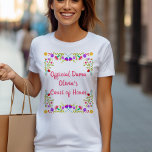 Camiseta Quinceanera Dama Personalizado floral Fiesta mexic<br><div class="desc">Camiseta Quinceanera personalizada para su(s) dama(s). La redacción de la parte delantera es completamente editable y también se puede añadir el nombre del dama en la parte posterior, si se desea. La tipografía rosa bonito está enmarcada con un colorido diseño floral de flores de fiesta mexicana. Perfecto para las dulces...</div>
