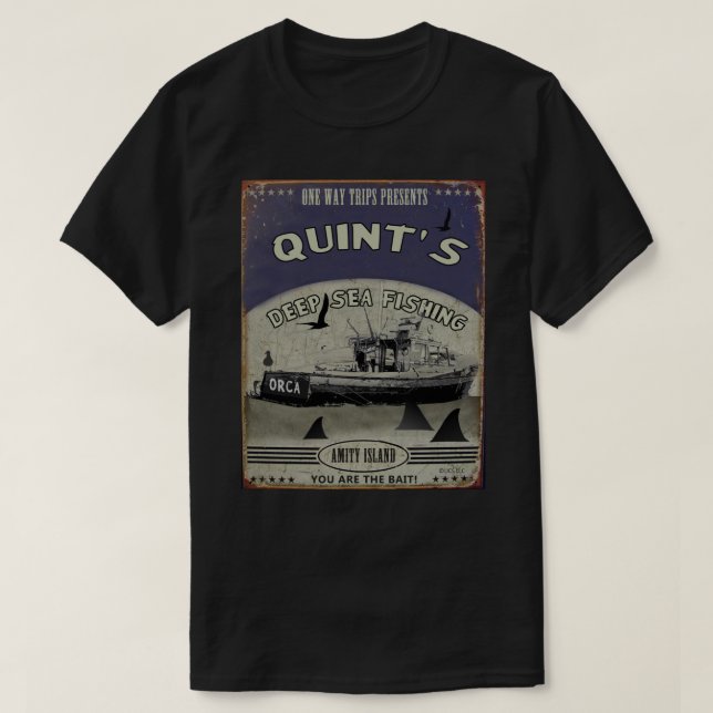 Camiseta Quint&x27;s Pegatina de Pesca de Tiburón (viajes d (Diseño del anverso)