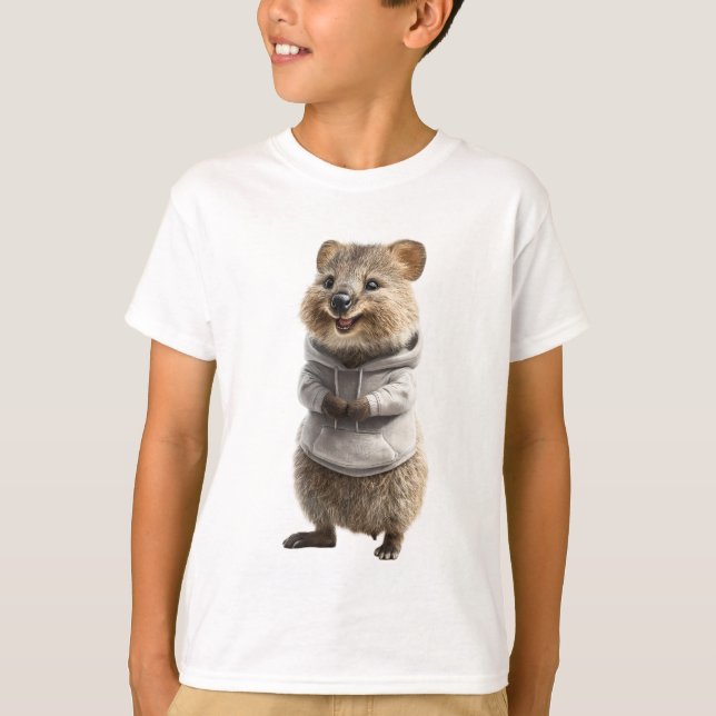 Camiseta Quokka Sonriente con Capucha Gris para Niños (Anverso)