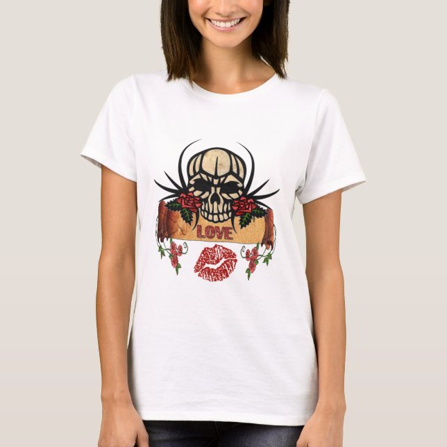 Camiseta RAB Rockabilly Skull Rosas Aman Lipstick (Anverso)