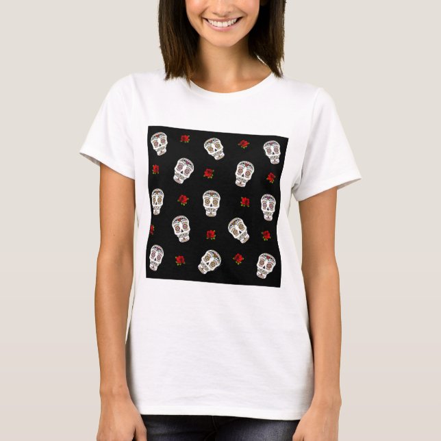 Camiseta RAB Rockabilly Sugar Skulls Rosas en negro (Anverso)