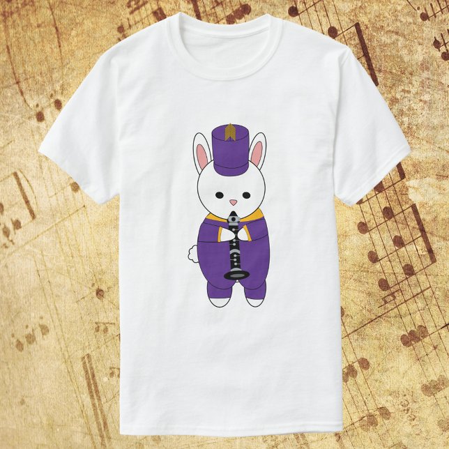 Camiseta Rabbit Clarinet Marcha Banda Morado Amarillo (A shirt with a rabbit playing the clarinet while wearing a purple & yellow marching band uniform)