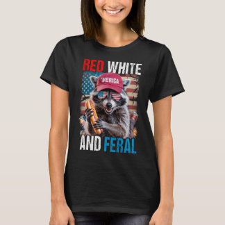 Camiseta Raccoon Blanco Rojo Y Feral Gracioso Patriótico 4 
