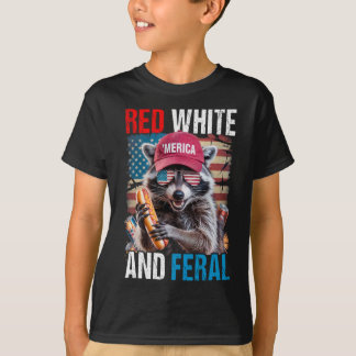 Camiseta Raccoon Blanco Rojo Y Feral Gracioso Patriótico 4 