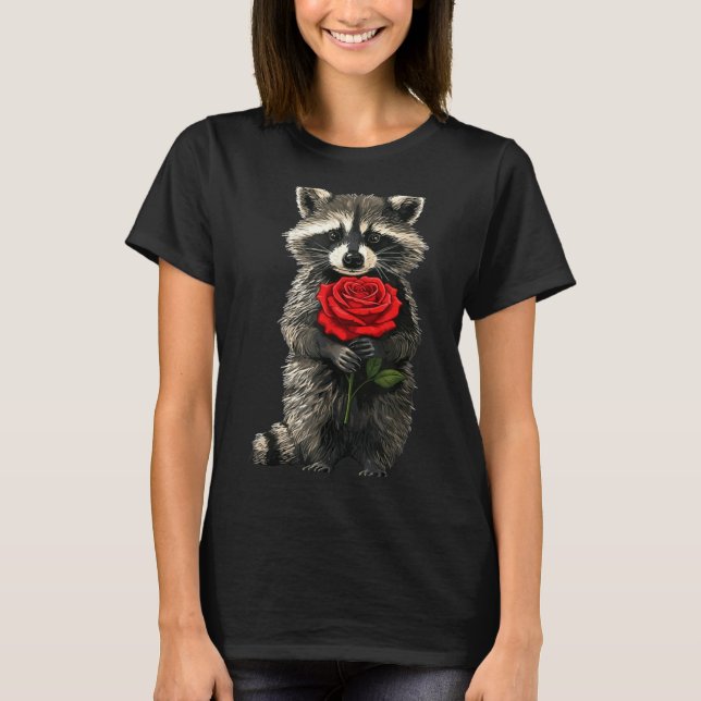 Camiseta Raccoon Holding Red Rose Cute Raccoon Valentine An (Anverso)