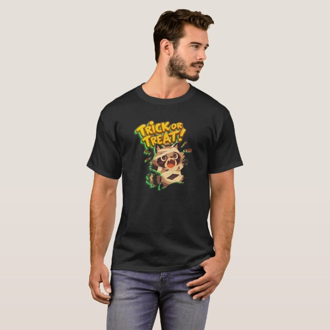 Camiseta Raccoon lindo con disfraz de momia con truco o tru (Anverso completo)