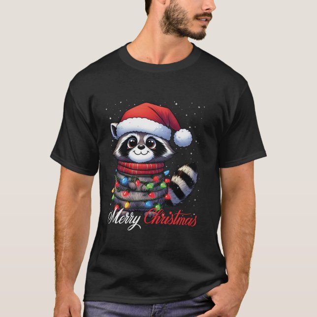 Camiseta Raccoon Merry Christmas Light Santa Hat Xmas Nieve (Anverso)