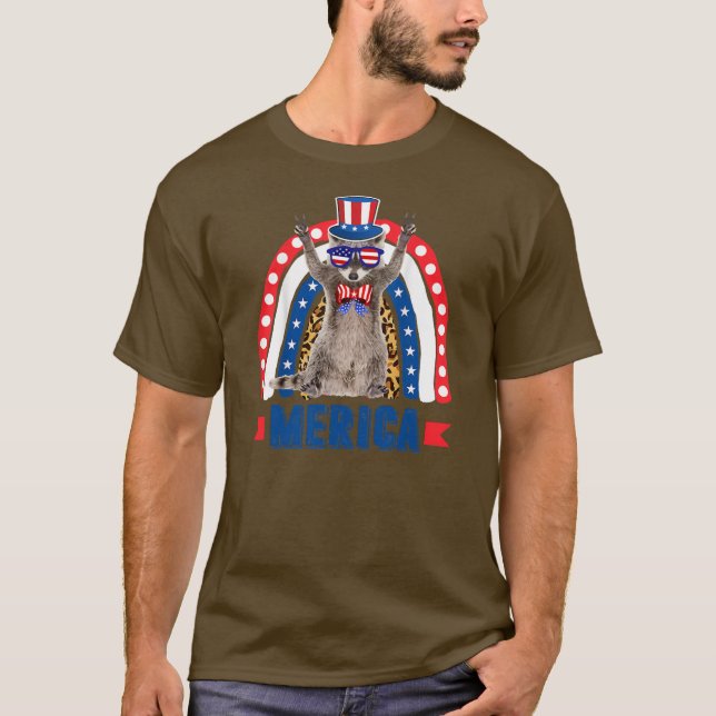 Camiseta Raccoon Rainbow Leopard Merica Flag 4th of July (Anverso)