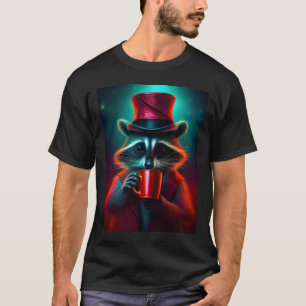 Camiseta Raccoon Vestido Con Un Traje Rojo Bebiendo Café