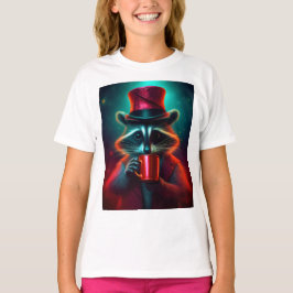 Camiseta Raccoon Vestido Con Un Traje Rojo Bebiendo Café