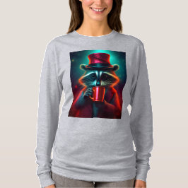 Camiseta Raccoon Vestido Con Un Traje Rojo Bebiendo Café