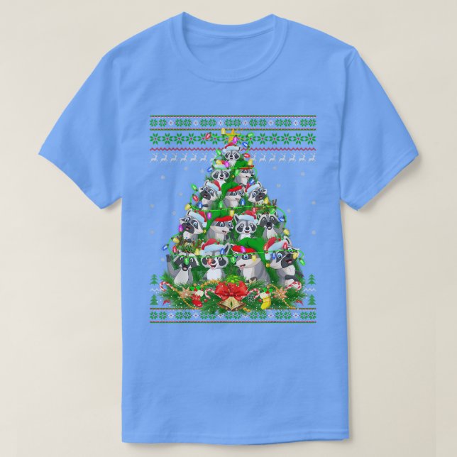 Camiseta Raccoon Xmas Iluminación Árbol Santa Raccoon Ugly  (Diseño del anverso)