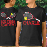 Camiseta Racquet de tenis y personalizado gráfico blanco de<br><div class="desc">Una raqueta de tenis roja brillante y una pelota con tu propio nombre debajo de un gráfico en la parte delantera y tu club u otras palabras al revés o personalizar con tu propio dicho. Arte gráfico original y diseño de Sarah Trett para www.mylittleeden.com en Zazzle.</div>
