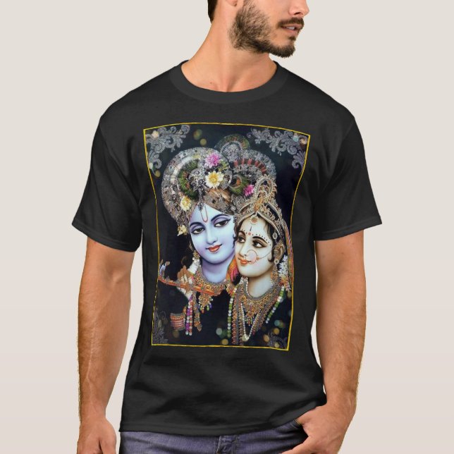 Camiseta Radha-Krishna: Flores divinas del ॐ del amor (Anverso)