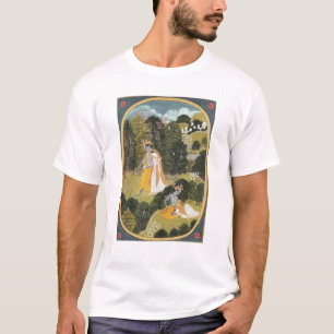 Camiseta Radha y Krishna que caminan en una arboleda