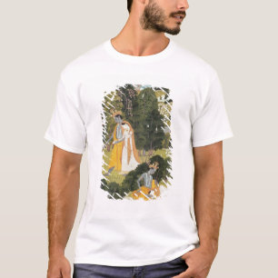 Camiseta Radha y Krishna que caminan en una arboleda