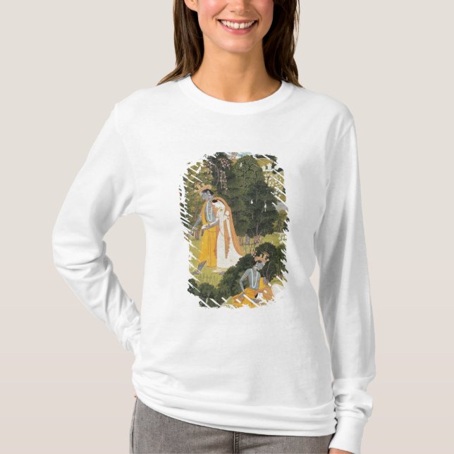 Camiseta Radha y Krishna que caminan en una arboleda (Anverso)