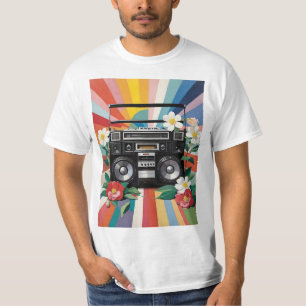 Camiseta Radio Cassette Retro Con Lluvias Y Flores