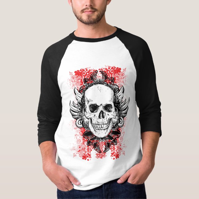 Camiseta Raglán duro del cráneo 3/4 del Grunge del bateador (Anverso)