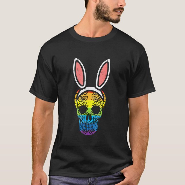 Camiseta Rainbow Flag Sugar Skull Bunny Ears Easter Gay (Anverso)