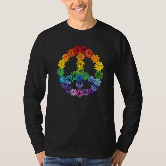 Camiseta Rainbow Floral Peace Sign 60s 70s Hippie LBTQ Prid (Anverso)