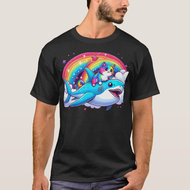 Camiseta Rainbow Galaxy Cat Riding Shark in Space funny Cat (Anverso)
