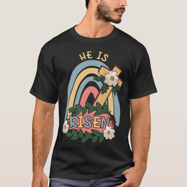Camiseta Rainbow He Risen Religous Easter Sunday Christ Cro (Anverso)