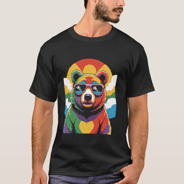 Camiseta Rainbow Pixel Retro Bear with Sunglasses for Anima (Anverso)