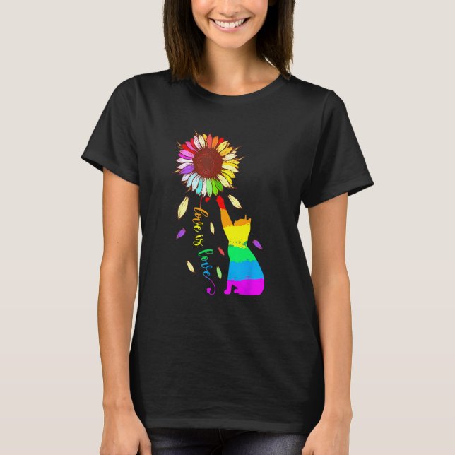 Camiseta Rainbow Sunflower Cat Love Is Love LGBT Gay Lesbia (Anverso)