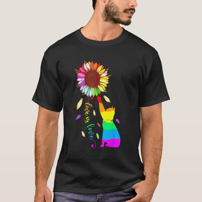 Camiseta Rainbow Sunflower Cat Love Is Love LGBT Gay Lesbia (Anverso)