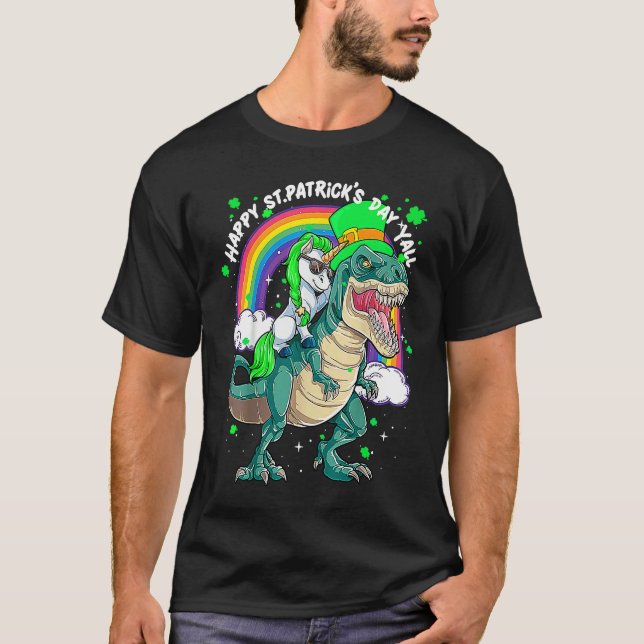 Camiseta Rainbow Unicorn Riding rex Dinosaur happy St patri (Anverso)