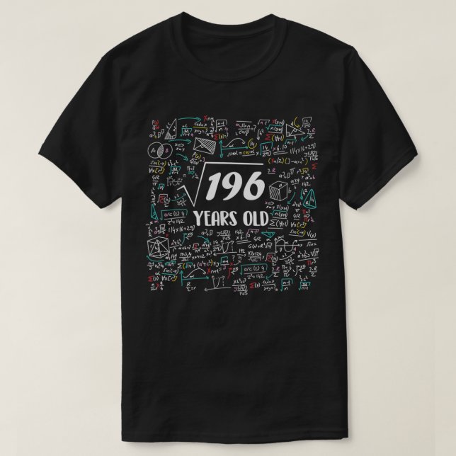 Camiseta Raíz cuadrada de 196 Bday Math 14 cumpleaños 14 añ (Diseño del anverso)