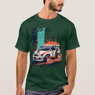 Camiseta Rally competition car in a race kicking up dust gi