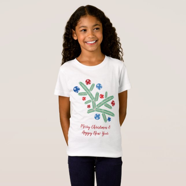 Camiseta Rama de árbol de Navidad con decoraciones de copos (Anverso completo)