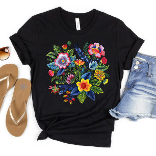 Camiseta Rama Floral Brillante Bordado de Hilo Falso
