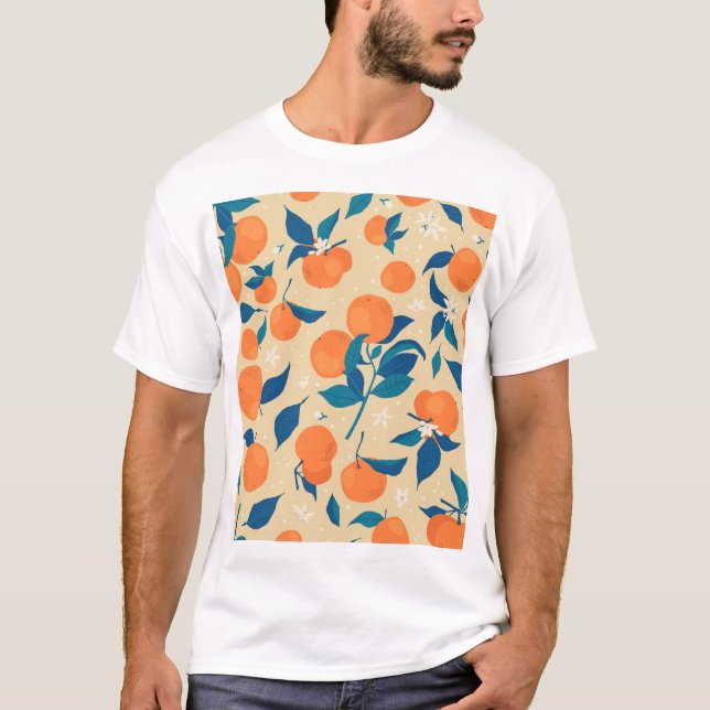 Camiseta Ramas de naranjas: Patrón de fondo beige (Anverso)