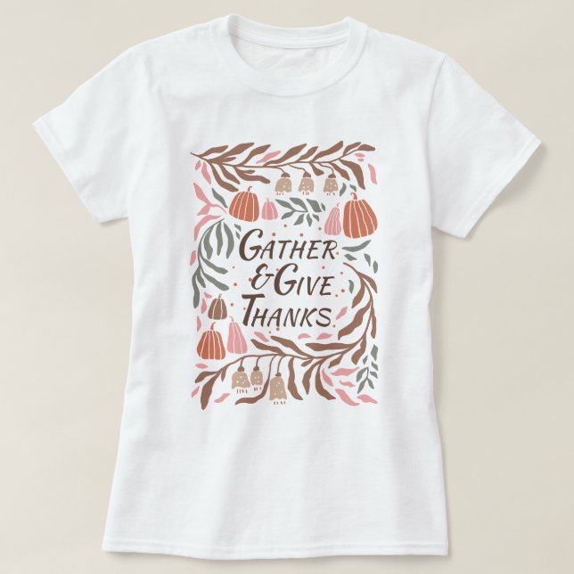Camiseta Ramas, hojas y calabazas caen Acción de Gracias (Diseño del anverso)